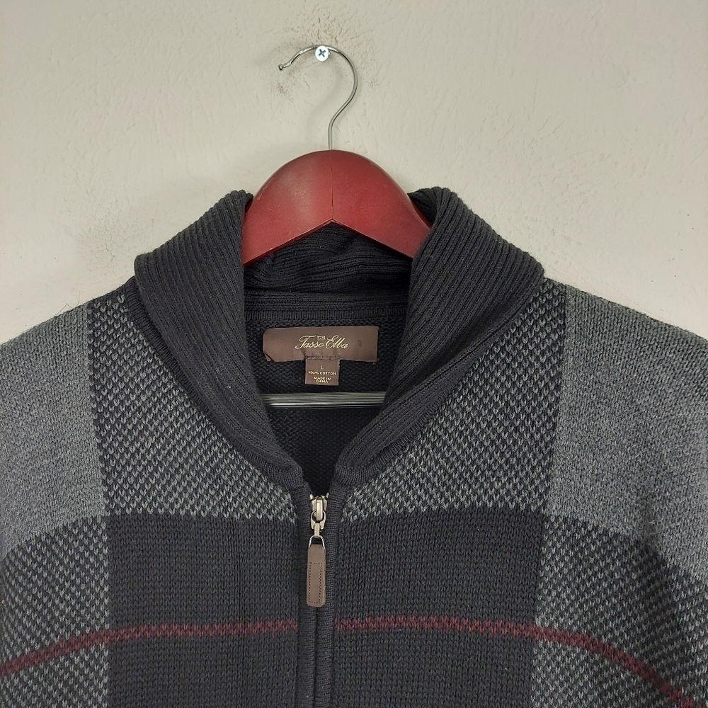 Tasso Elba Men's Size Large Zip-Front Cardigan Sweater Black Gray Plaid Pockets‎ - Picture 4 of 10